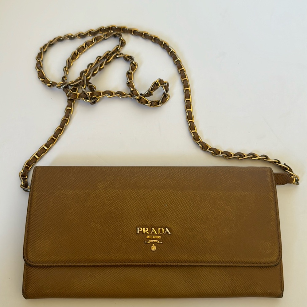 Prada Brown and Gold Leather Wristlet with Minimalist Design
